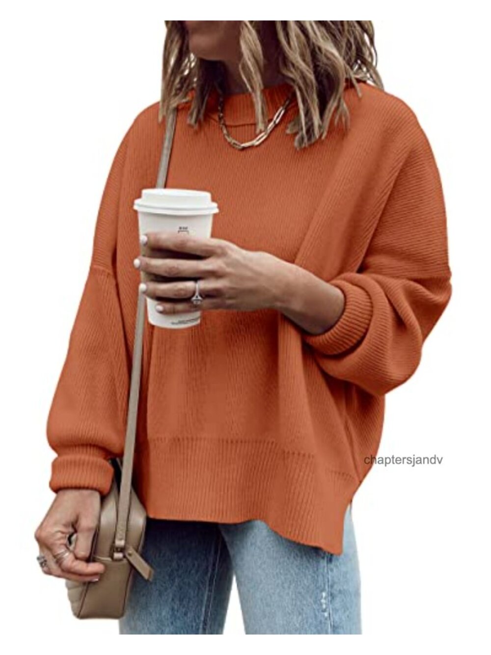 Oversized Tunic Sweater Loose Fit Rib Texture Crewneck Pullover